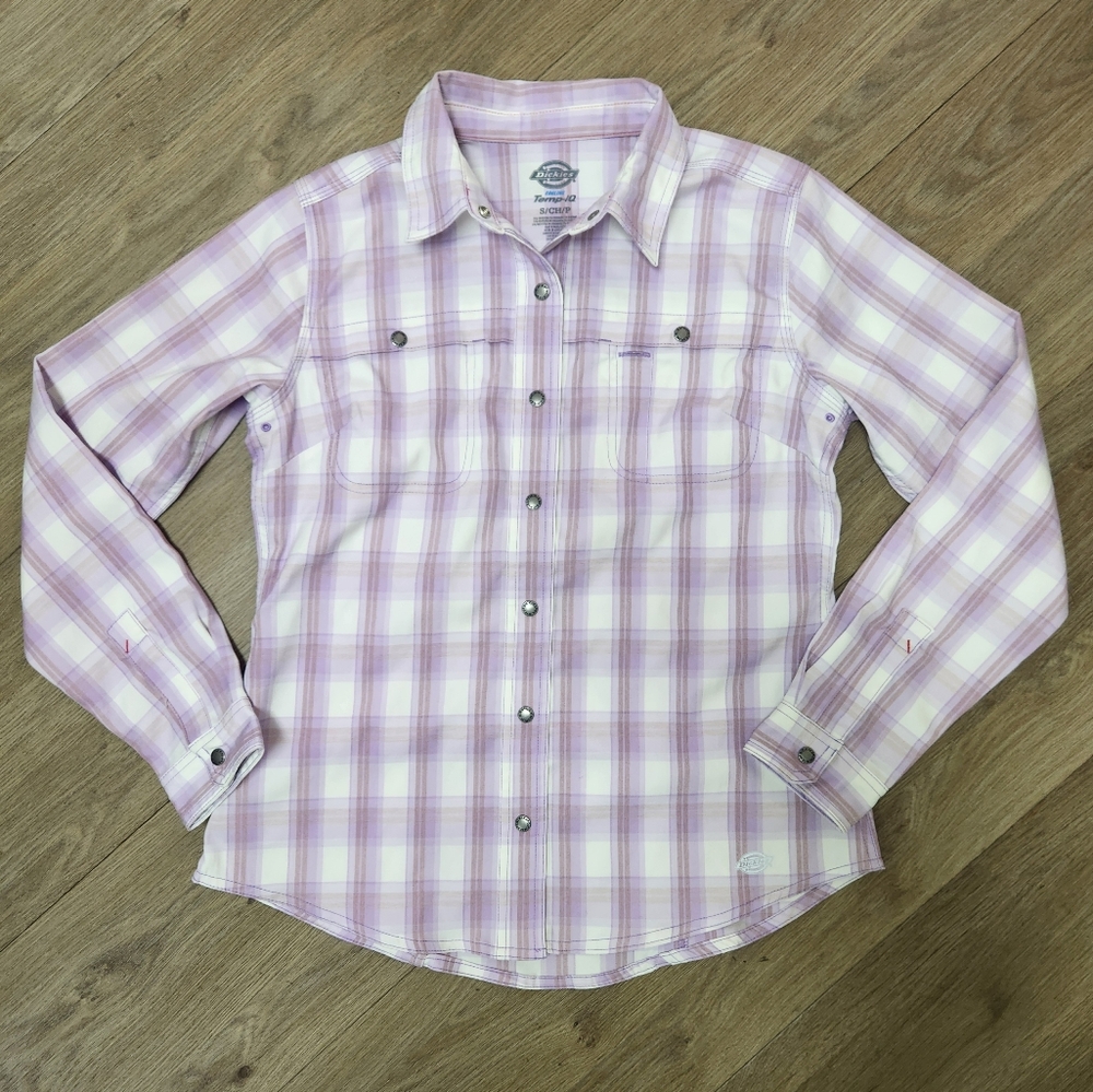 Dickies Lavender and White Cooling Temp IQ Plaid Shirt With Snap Closure Size S